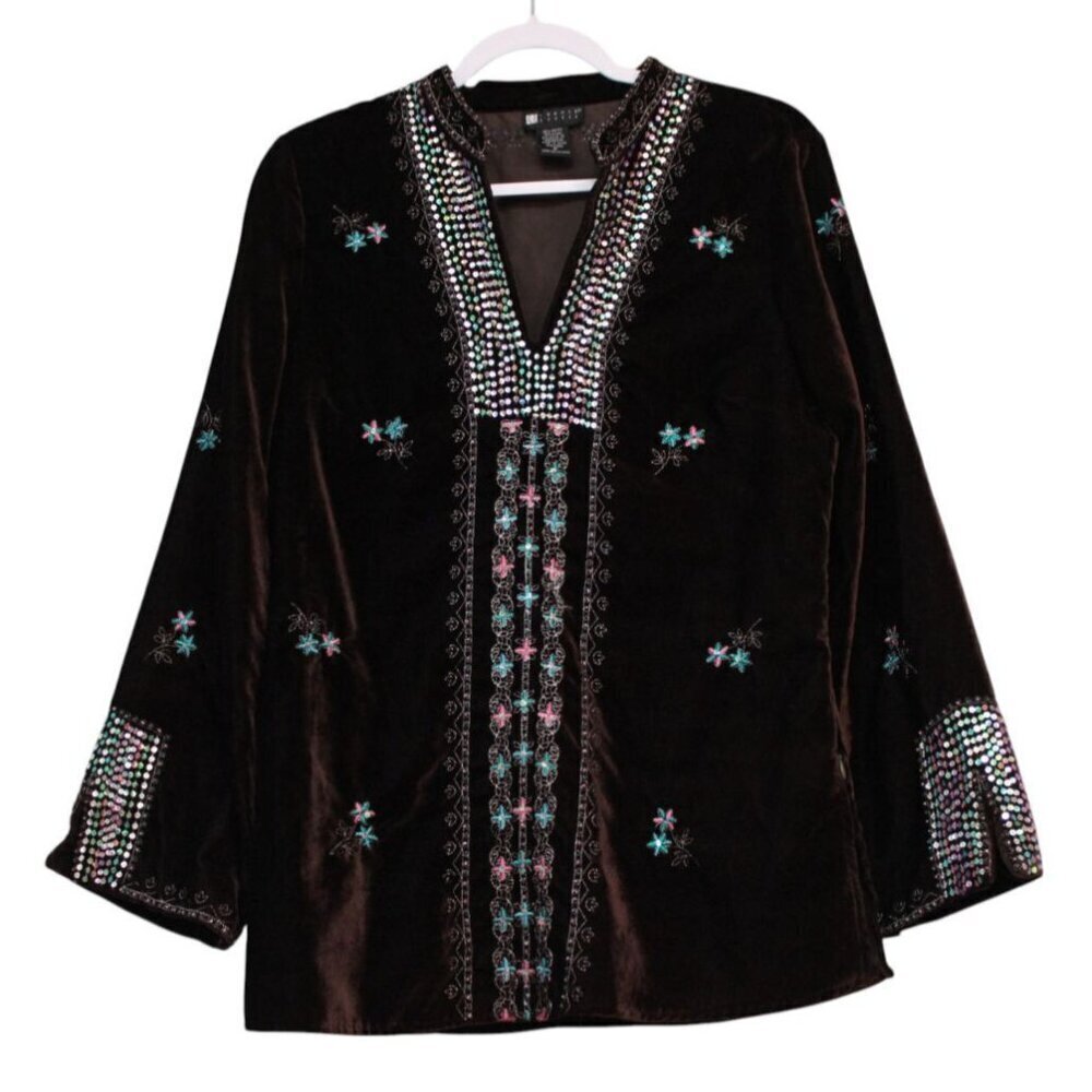 Vintage Velvet Blouse Size Medium Beaded Sequin Embroidered Artsy Hippie Boho